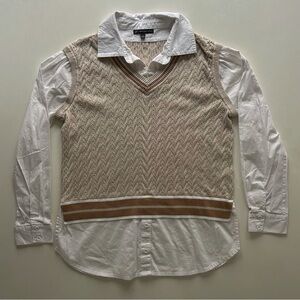 Adrianna Papell Cable Knit Sweater Vest Layered Button Shirt Top Size S
